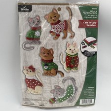 Bucilla Felt Ornaments Applique Kit Set Of 6 Cats In Ugly Sweaters 89381E NEW picture