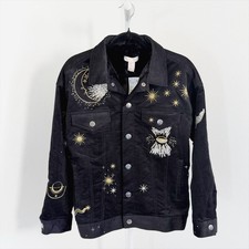 NEW H&M Jacket Womens 10 Black Corduroy Moon Embroidered Whimsigoth Fairy Grunge picture