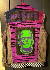 Men’s Custom Studded Gray Denim Vest Size XL Button up Frankenstein Halloween picture