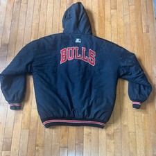 Vintage 90s Starter Chicago Bulls NBA Hooded Puffer Jacket Black Red XL Unisex picture