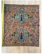 Vintage Hand Embroidered Tapestry Brown Teal Boho Wall Hanging 36x32in picture