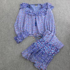 Vtg Diane Freis Shirt Skirt Set Womens M Blue Georgette Boho Ruffle 2 Piece picture