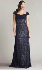 Tadashi Shoji Navy Blue Nude Embroidered Off-Shoulder Evening Gown Size 6 $718 picture