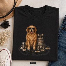 Funny Golden Retriever and Cat Shirt, Vintage Pet Graphic Tee Cool Dog and Cat picture