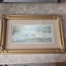 Vintage Homco 15 x 10” Syroco Gold Frame Swan Lake Print Ornate Shabby Granny picture