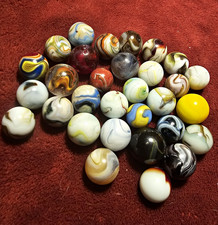 31 Antique Transitional Glass Marbles Lot Pontil Marks Seams Hand Gathered Slag picture