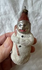 Antique 1900s German Glass Christmas Ornament Mica Snowman Red Hat Broom 3 1/4” picture
