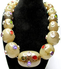 Amazing HUGE Stone Looking Lucite Bead Bezel Set Genuine Gemstone Necklace picture