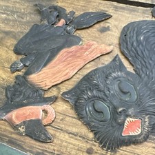 Vintage Halloween Witch & Black Cat Hanging Wall Décor Cardboard Set of 2 picture