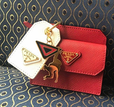 PRADA Red Saffiano Leather Keychain Coin Card Case Bag Charm New Authentic picture