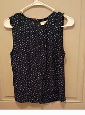 LOFT Women’s XS Blue White Polka Dot Sleeveless Woven Rayon Button Blouse picture