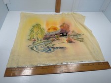 Vintage 1970's Crewel Embroidery Wall Art Covered Bridge Stream UNFRAMED picture