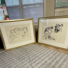 Set of 2 Matted & Framed Minimalist Figurative Line Drawings, Faces picture