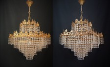 Pair 1960s Gold Brass Crystal Chandeliers Antique 6 Light Ceiling Fixtures picture