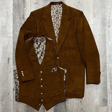 VTG 70s Brown Suede 3 Piece Blazer Jacket Vest Gold Buttons Men's 40L Sport Coat picture