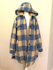 NWT Sundance Womens Blue Beige Plaid Hooded Lined Button Shacket Jacket Small picture