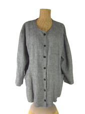 Vtg FLAX Womens Medium Black White Check 100% Linen  LS Tunic Relaxed Pockets picture