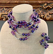 Vintage SIGNED DeMARIO NECKLACE & EARRING SET AMETHYST & SILVER BEAD picture