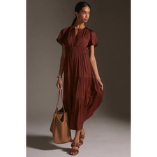 Anthropologie Somerset Rust Brown Pleated Tiered Maxi Dress Smocked Waist Size M picture
