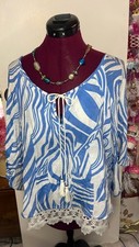 Unique Spectrum Blouse Women Medium Blue White Good Lace Trim Tassel Boho picture