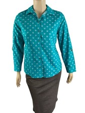 Chico's No-Iron Shell Print Button Down Resort Shirt Blue Size L Vacation Top picture
