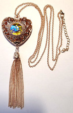 VINTAGE AURORA BOREALIS GLASS HEART TASSEL CHAIN NECKLACE picture