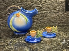Roseville Blue Pine Cone 1321 Ice Lip Pitcher & 1123 Candle Holders picture