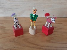 Lot of 3 Vintage Miniature Italian Wooden Push Puppets - Dog, Pinocchio, & Goat picture