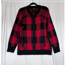 Torrid Red Black Buffalo Plaid Zip Front Cardigan Sweater Bomber Jacket Size 2 picture