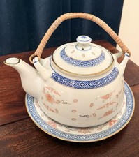 Vintage Ceramic Dragon 3pc Teapot w/ Lid & Plate Asian White Blue Orange Gold  picture