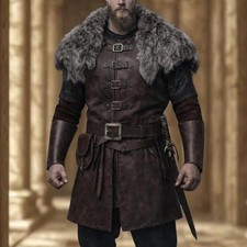 Men’s Viking Warrior Leather Armor Set Fur Collar Medieval Knight Costume Outfit picture