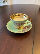 ROSINA Made in England Bone China Gold Green Vintage Tea Cup & Saucer RARE picture