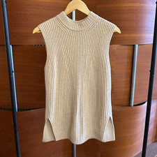 Vince Ribbed Sleeveless Tunic Sweater Top Mock Neck XS Wool Cashmere Beige picture