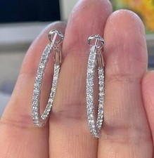 1.80Ct Round Cut Real Moissanite Inside Out Hoop Earrings 14K White Gold Plated picture