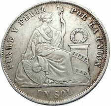 1874 YJ PERU South America 1 SOL Antique Original Silver Peruvian Coin i83331 picture