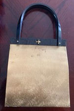 Deco VTG 1940s era brushed gold handbag w black lucite top & handles picture