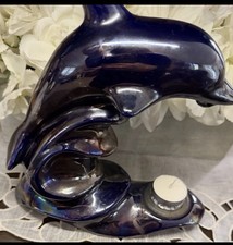 Vintage Cobalt Blue Iridescent Glass Dolphin Tealight Holder, Freestanding picture