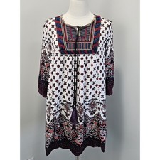 Umgee USA Boho Embroidered Tunic Dress Burgundy Cream Size S A2633 picture