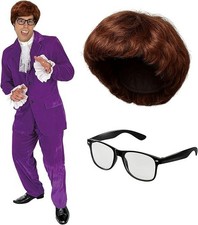 Men`s 60s Austin Powers Costume + Wig Glasses Adult Purple Gigolo Suit M - XL picture