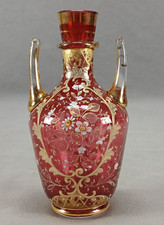 Moser Harrach Bohemian Enameled Floral Gold & Platinum Cranberry 4 3/8 Inch Vase picture