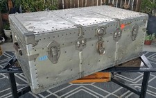 Vintage Aluminum Steamer Trunk Long Lock Gingham Lined Storage Chest 36x21x15 picture