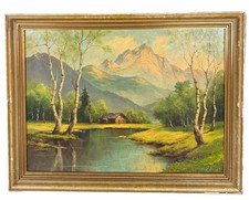 Antique Oil Painting Alpine Landscape Cabin Lake Signed LARGE German picture