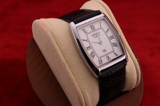Vintage Men Seiko quartz Barrel-Tank White Dial, Black leather Dress Watch picture