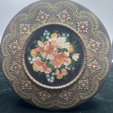Vintage Mosaic Look Floral Embossed Dutch Metal Cookie Tin made in Holland 10” picture