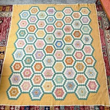 VINTAGE Handmade Grandmother's Flower Garden Quilt 85x77 Hexagon FULL/QUEEN picture