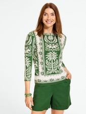 Talbots Bateau Neck Tee - Tropical Damask, IVORY/GROVE GREEN NEW picture