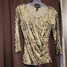 INC Gold Ruched Fitted Blouse with Three-Quarter Sleeves picture