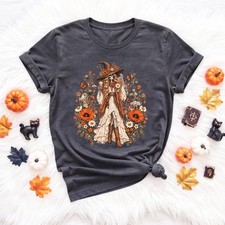 Vintage Floral Witch Shirt Boho Autumn Skeleton Graphic Tee picture