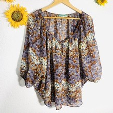 Pleoine Abstract Floral Quarter Button Semi Sheer Oversized Blouse Size Largee picture