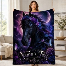 Personalized Celestial Black Horse Roses Fleece Blanket picture